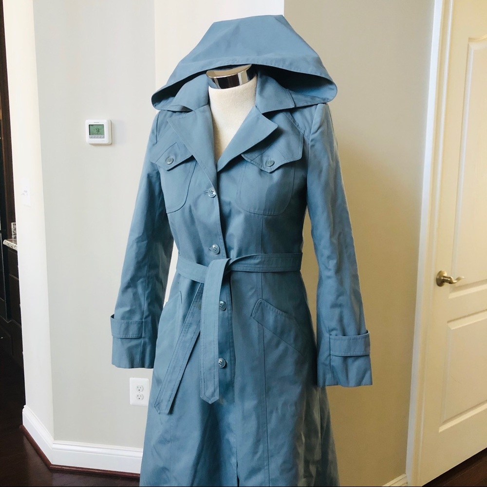 Vintage Duck Egg Blue Hooded Trench Coat View 4